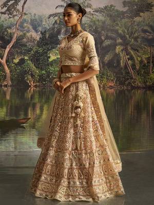 Designer Cream Soft Net Lehenga with Dori Zarkan Sequins Embroidery Work 2
