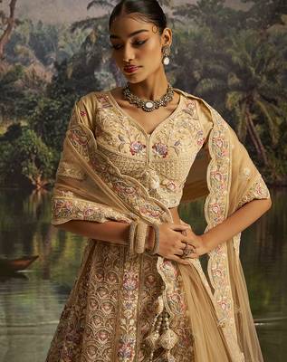 Designer Cream Soft Net Lehenga with Dori Zarkan Sequins Embroidery Work 4
