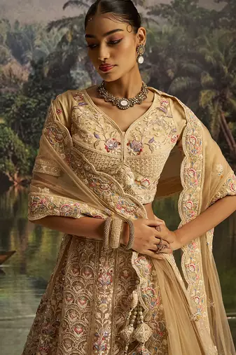 Designer Cream Soft Net Lehenga with Dori Zarkan Sequins Embroidery Work