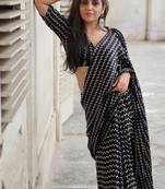 black zigzag bollywood style japan satin saree for party