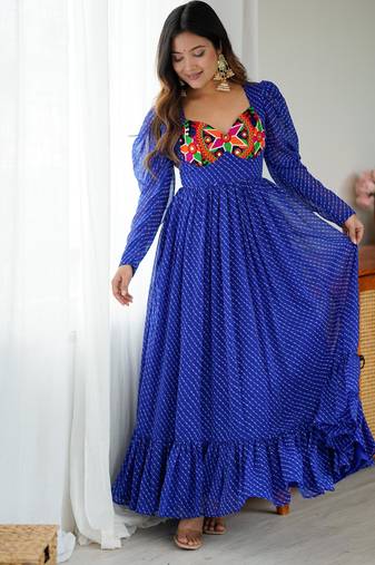 Blue Leheriya Print Georgette Gown for Festive Occasions