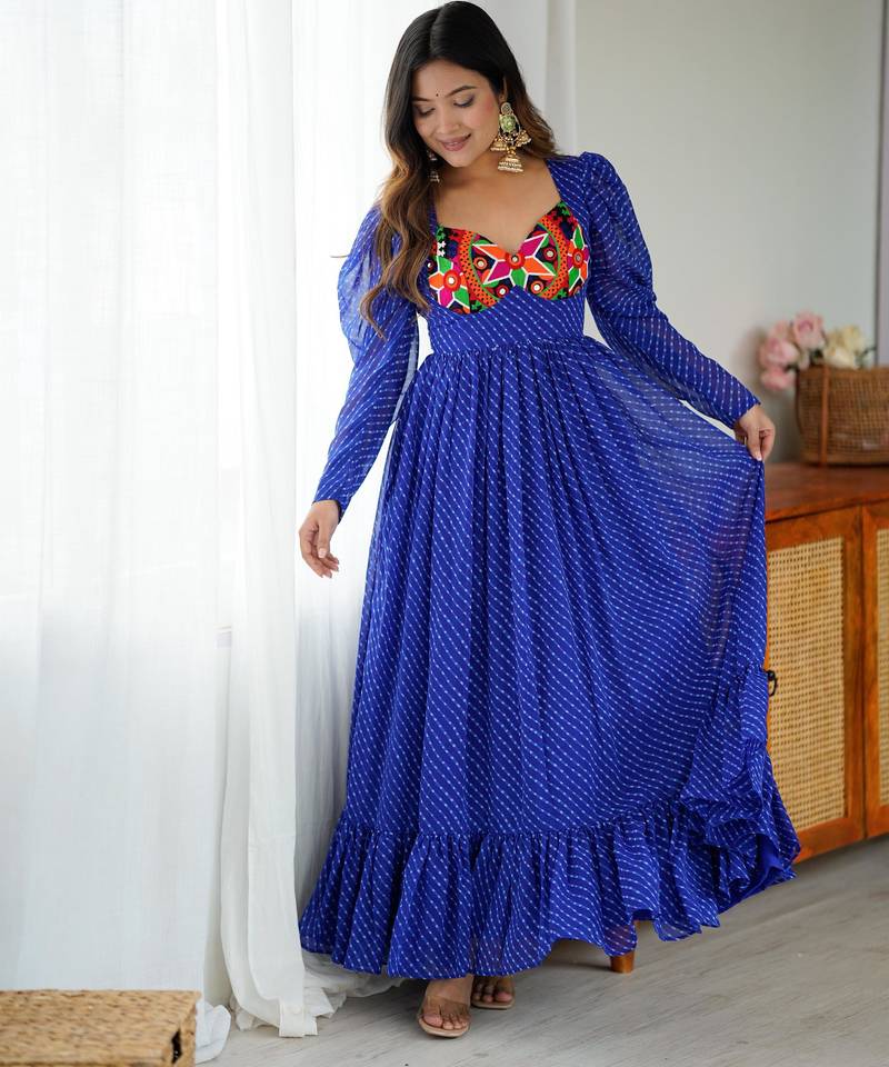 Blue Leheriya Print Georgette Gown for Festive Occasions