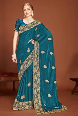 Teal blue sequin embroidered border fendy two tone silk saree sari 1