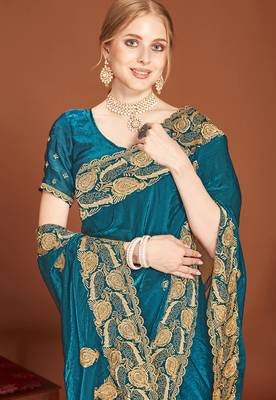 Teal blue sequin embroidered border fendy two tone silk saree sari 2