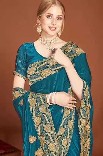 Teal blue sequin embroidered border fendy two tone silk saree sari