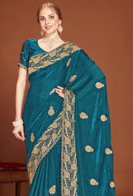 Teal blue sequin embroidered border fendy two tone silk saree sari 3