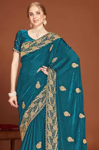 Teal blue sequin embroidered border fendy two tone silk saree sari