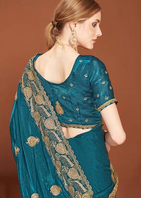 Teal blue sequin embroidered border fendy two tone silk saree sari 4