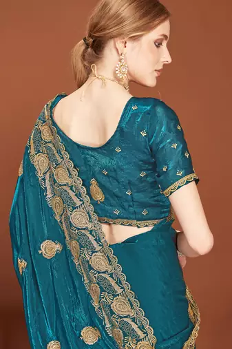 Teal blue sequin embroidered border fendy two tone silk saree sari