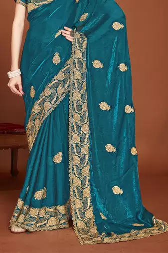Teal blue sequin embroidered border fendy two tone silk saree sari