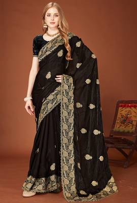 Black sequin embroidered border fendy two tone silk saree sari 1