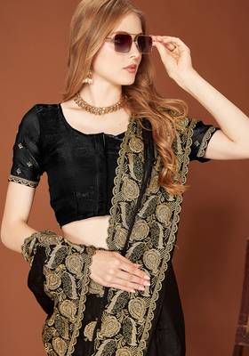 Black sequin embroidered border fendy two tone silk saree sari 2