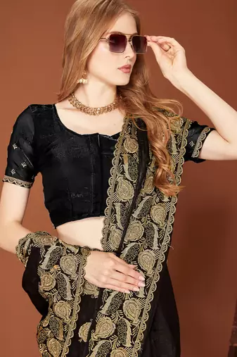 Black sequin embroidered border fendy two tone silk saree sari