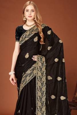 Black sequin embroidered border fendy two tone silk saree sari 3