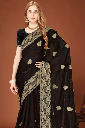 Black sequin embroidered border fendy two tone silk saree sari