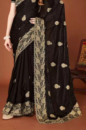 Black sequin embroidered border fendy two tone silk saree sari