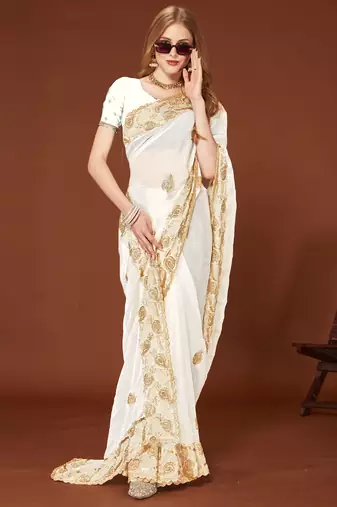 White sequin embroidered border fendy two tone silk saree sari