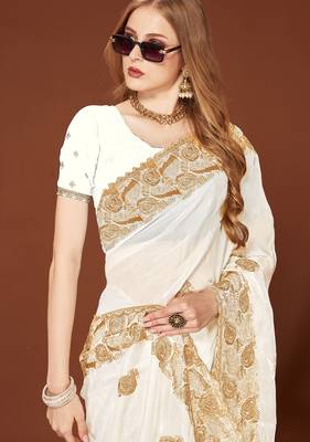 White sequin embroidered border fendy two tone silk saree sari 2