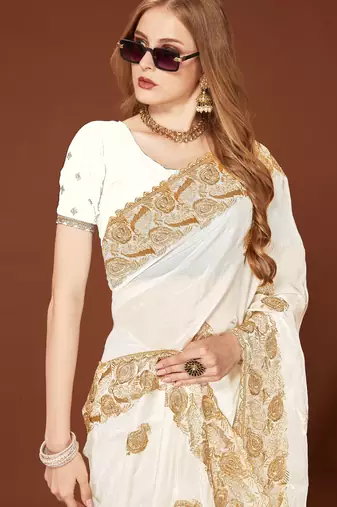 White sequin embroidered border fendy two tone silk saree sari