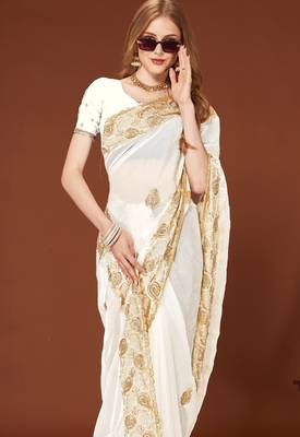 White sequin embroidered border fendy two tone silk saree sari 3