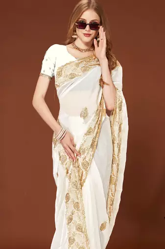 White sequin embroidered border fendy two tone silk saree sari