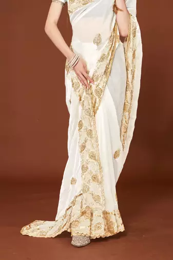 White sequin embroidered border fendy two tone silk saree sari