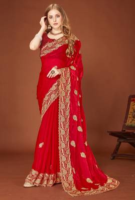 Red sequin embroidered border fendy two tone silk saree sari 1