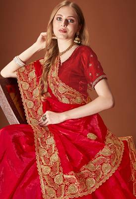 Red sequin embroidered border fendy two tone silk saree sari 2