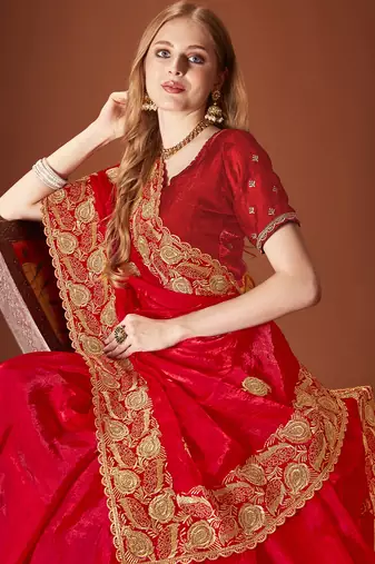 Red sequin embroidered border fendy two tone silk saree sari