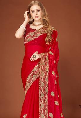 Red sequin embroidered border fendy two tone silk saree sari 3