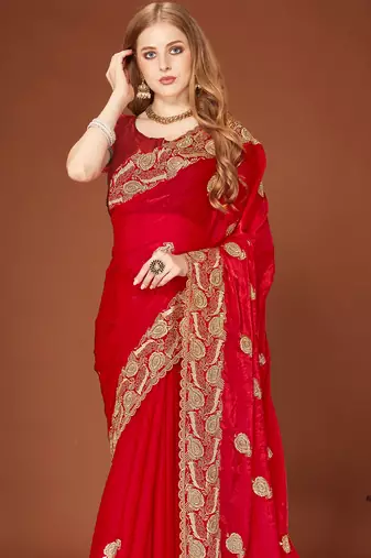 Red sequin embroidered border fendy two tone silk saree sari