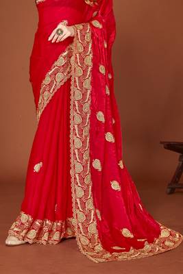 Red sequin embroidered border fendy two tone silk saree sari 4
