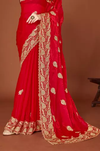 Red sequin embroidered border fendy two tone silk saree sari