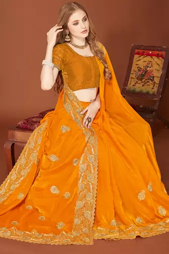 Mustard sequin embroidered border fendy two tone silk saree sari
