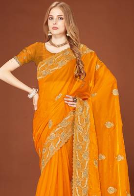 Mustard sequin embroidered border fendy two tone silk saree sari 3
