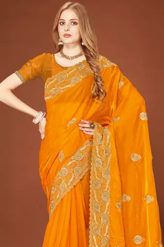 Mustard sequin embroidered border fendy two tone silk saree sari