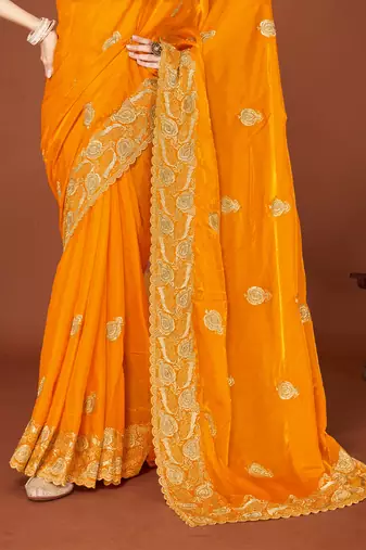 Mustard sequin embroidered border fendy two tone silk saree sari