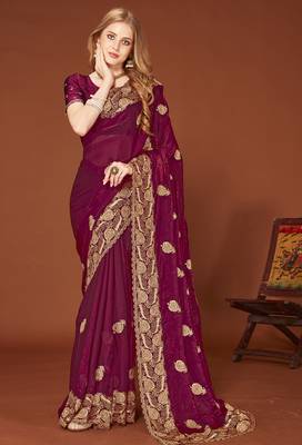 Wine sequin embroidered border fendy two tone silk saree sari 1
