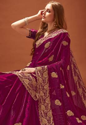 Wine sequin embroidered border fendy two tone silk saree sari 2