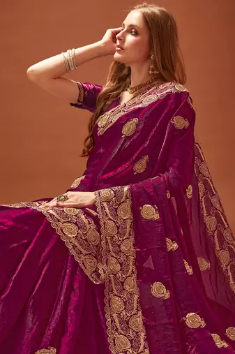 Wine sequin embroidered border fendy two tone silk saree sari