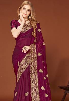 Wine sequin embroidered border fendy two tone silk saree sari 3