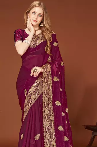 Wine sequin embroidered border fendy two tone silk saree sari