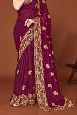 Wine sequin embroidered border fendy two tone silk saree sari 4