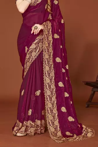 Wine sequin embroidered border fendy two tone silk saree sari