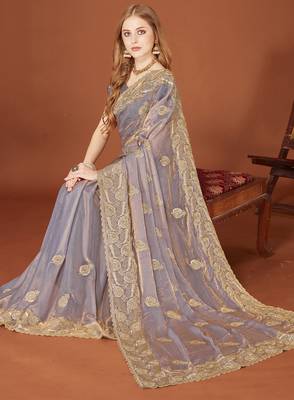 Grey sequin embroidered border fendy two tone silk saree sari 1