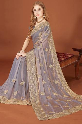Grey sequin embroidered border fendy two tone silk saree sari