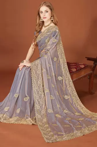 Grey sequin embroidered border fendy two tone silk saree sari