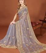 Grey sequin embroidered border fendy two tone silk saree sari