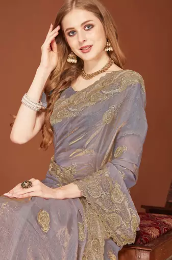 Grey sequin embroidered border fendy two tone silk saree sari