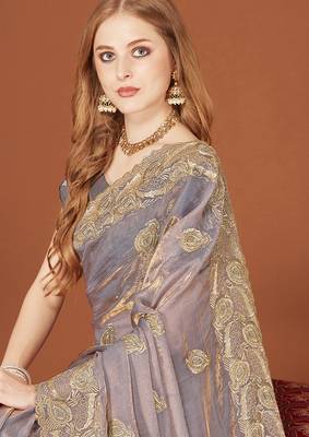 Grey sequin embroidered border fendy two tone silk saree sari 3